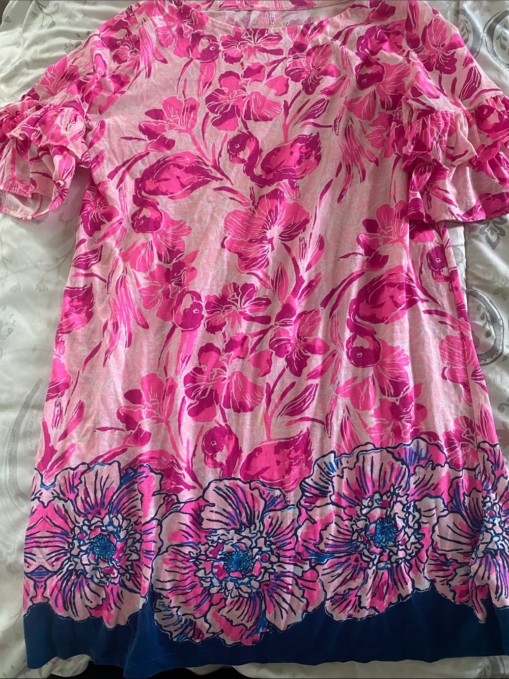 Lilly Pulitzer Pink Floral Ruffle-Sleeve Tunic with Blue Hem